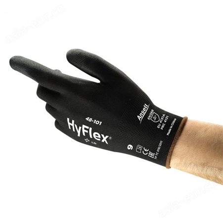 ansell/安思尔48-101 黑色手掌PU涂层机械灵活防护劳保防护手套